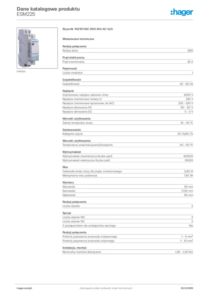 Zdjęcie Hager Karta katalogowa ESM225 | Hager Polska