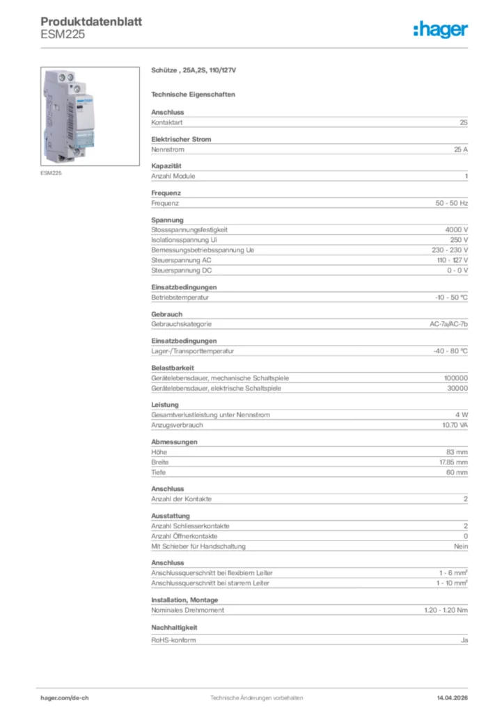 Bild Hager Produktdatenblatt ESM225 | Hager Schweiz