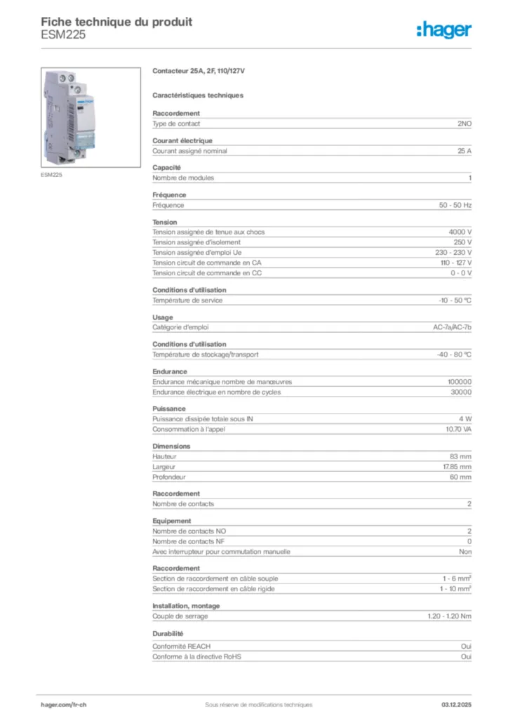 Image Hager Fiche technique du produit ESM225 | Hager Suisse