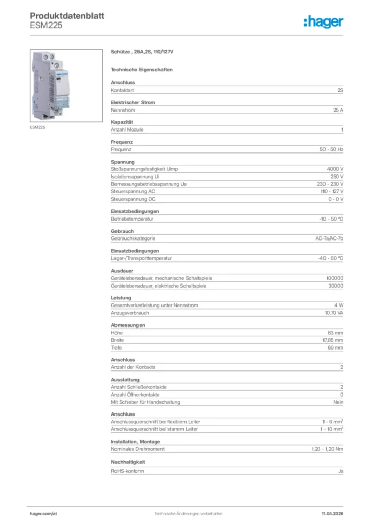 Bild Hager Produktdatenblatt ESM225 | Hager Deutschland