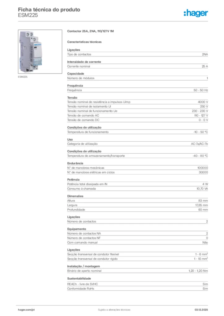 Imagem Hager Ficha técnica do produto ESM225 | Hager Portugal