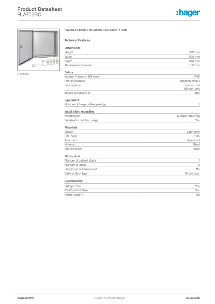 Image Hager Product data sheet FLA709RC  | Hager