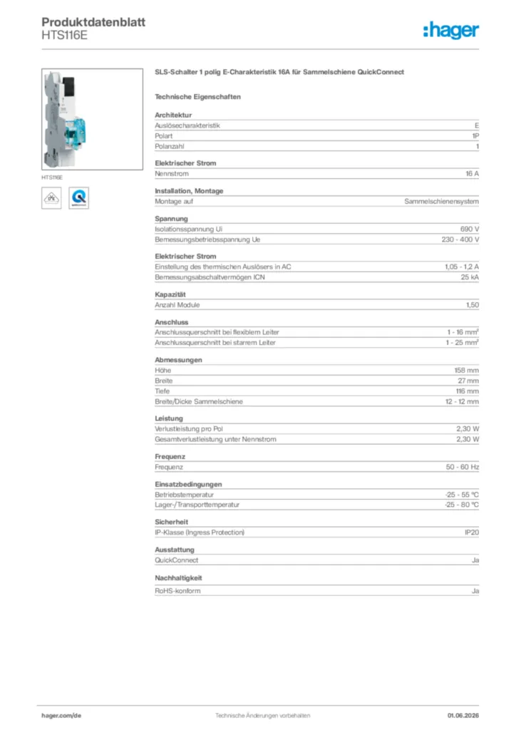 Bild Hager Produktdatenblatt HTS116E | Hager Deutschland