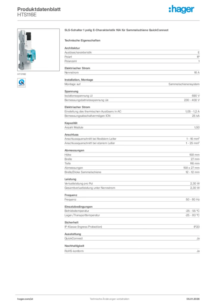 Bild Hager Produktdatenblatt HTS116E | Hager Deutschland