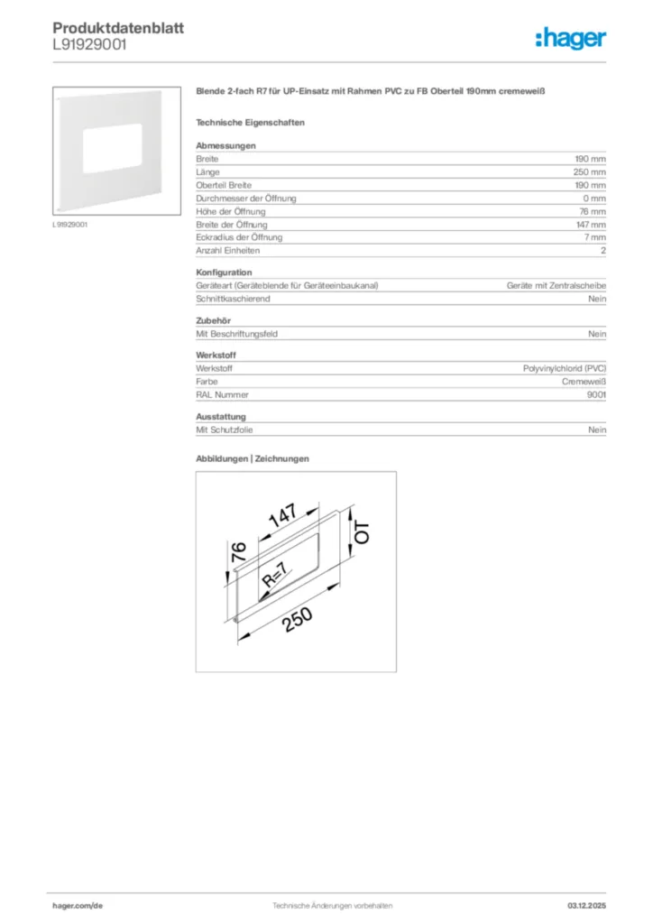 Bild Hager Produktdatenblatt L91929001 | Hager Deutschland
