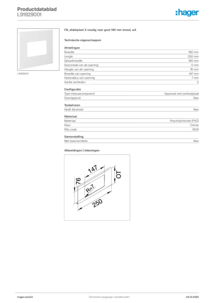 Afbeelding Hager Productdatablad L91929001 | Hager Nederland