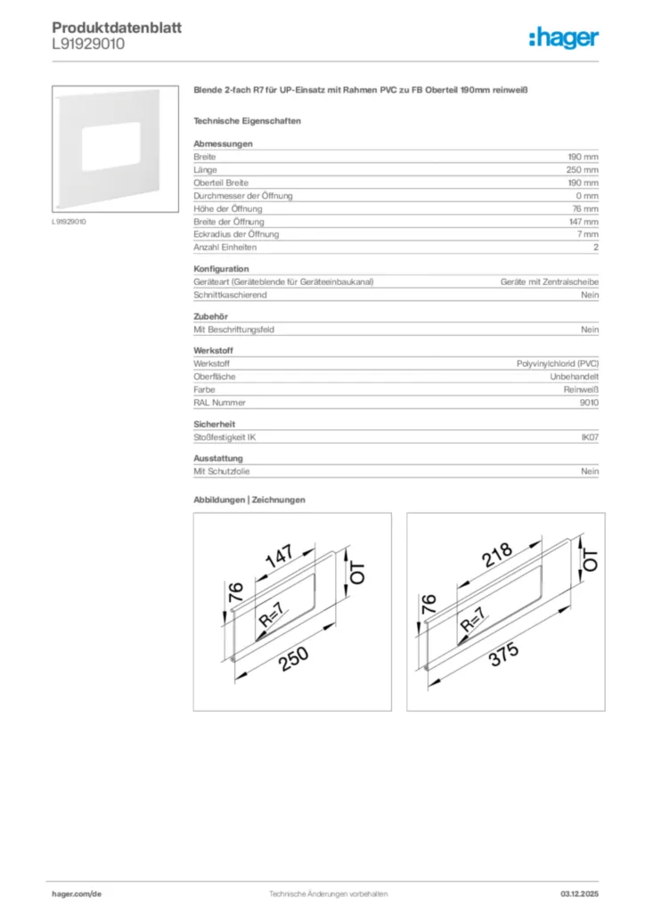 Bild Hager Produktdatenblatt L91929010 | Hager Deutschland
