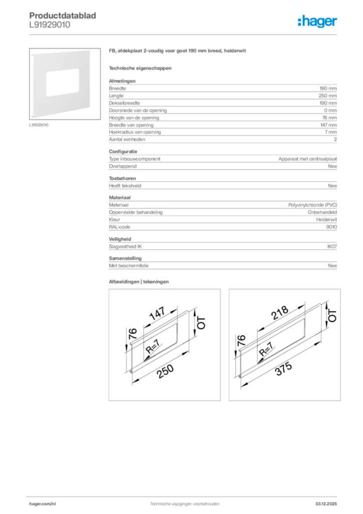 Afbeelding Hager Productdatablad L91929010 | Hager Nederland