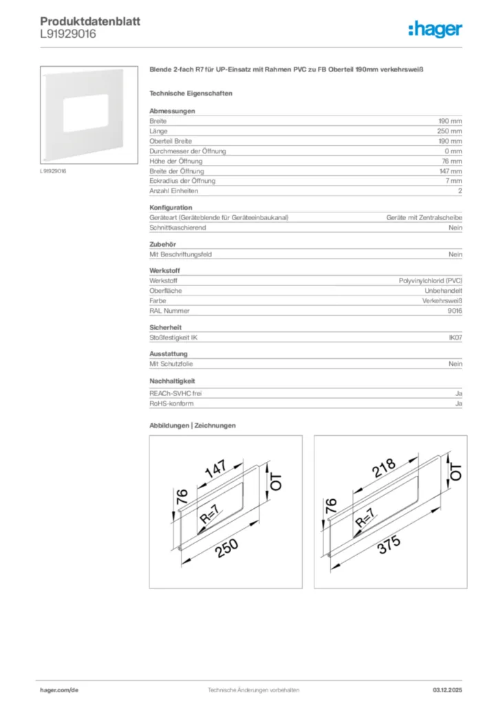 Hager Produktdatenblatt L91929016