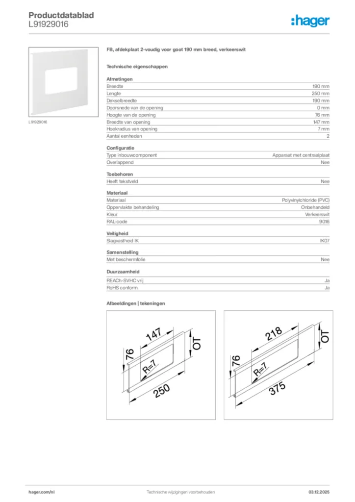 Afbeelding Hager Productdatablad L91929016 | Hager Nederland