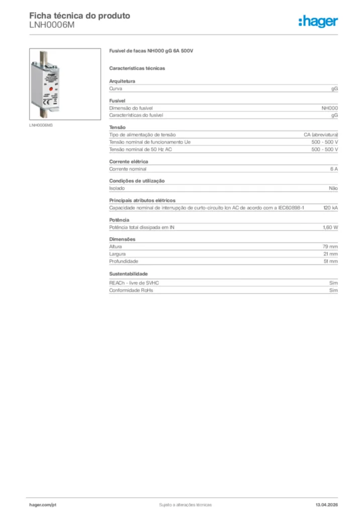 Imagem Hager Ficha técnica do produto LNH0006M | Hager Portugal