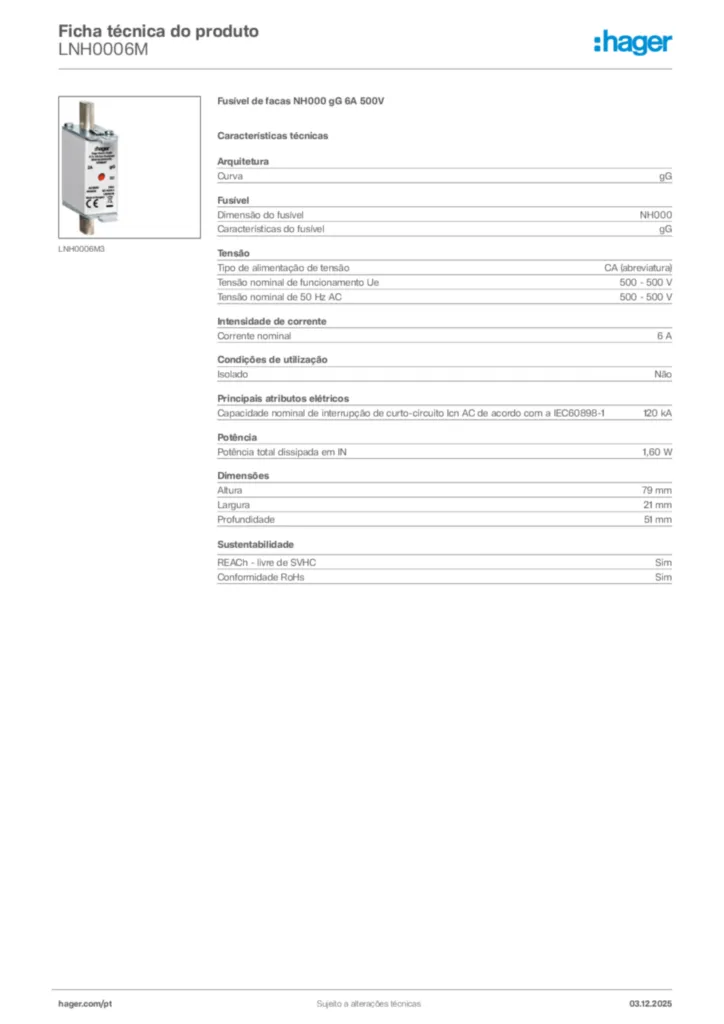 Imagem Hager Ficha técnica do produto LNH0006M | Hager Portugal