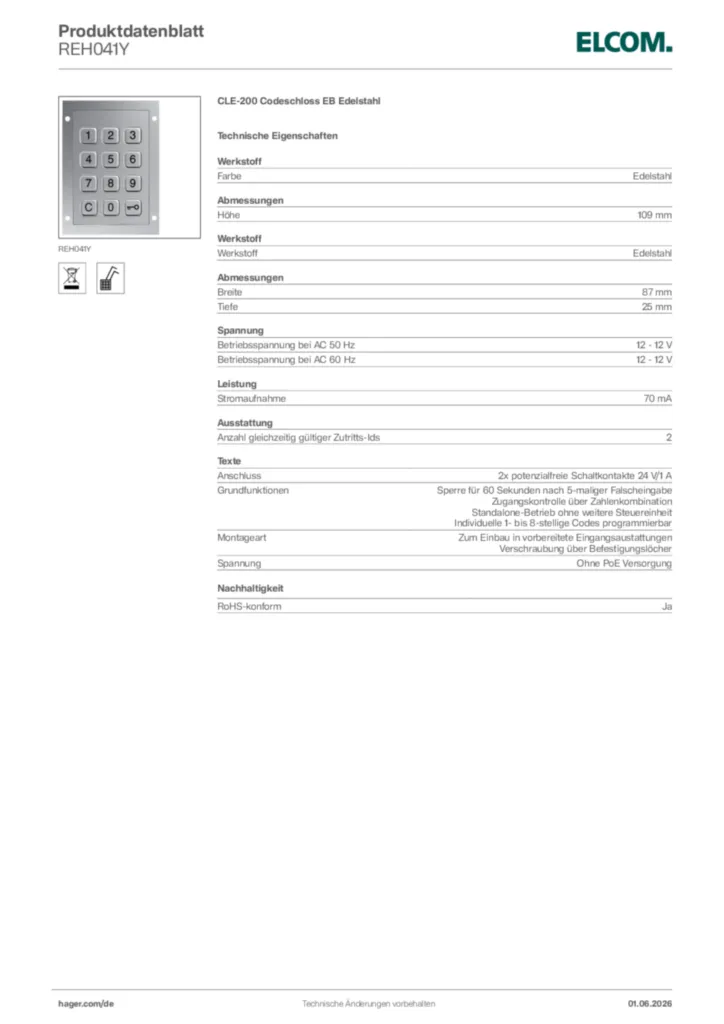 Bild Elcom Produktdatenblatt REH041Y | Hager Deutschland
