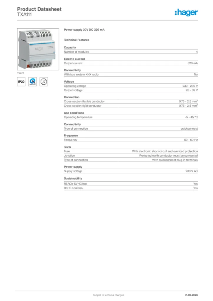 Image Hager Product data sheet TXA111  | Hager Africa