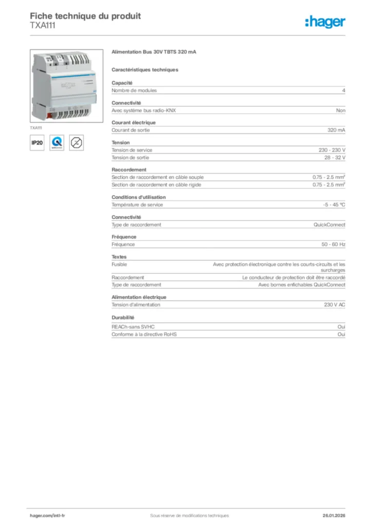 Image Hager Fiche technique du produit TXA111 | Hager Afrique