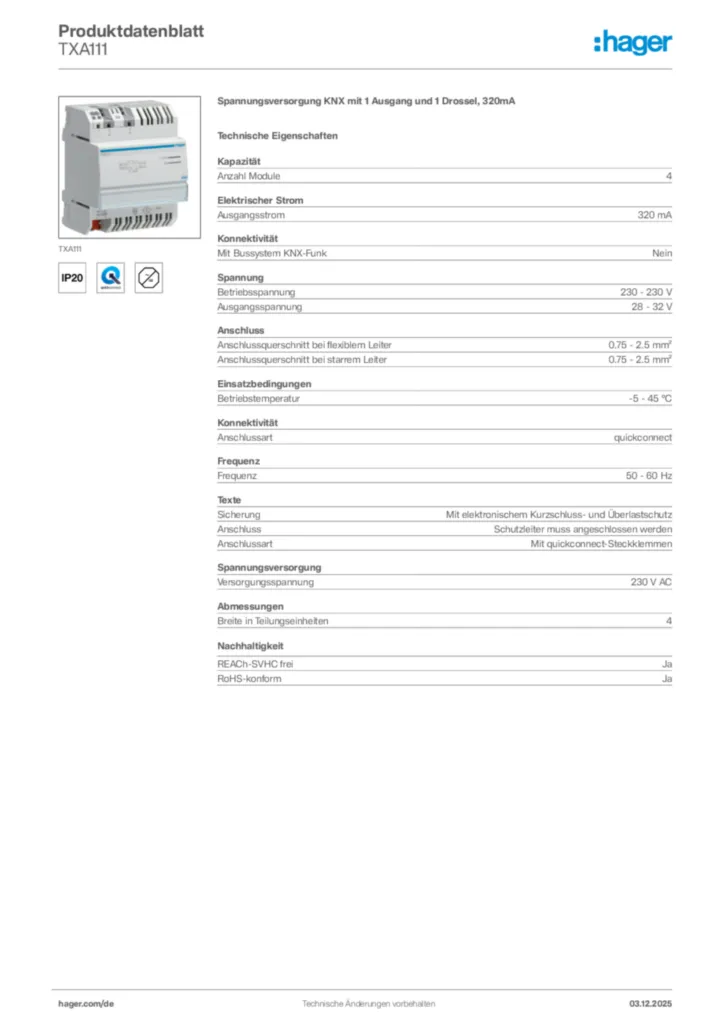 Hager Produktdatenblatt TXA111