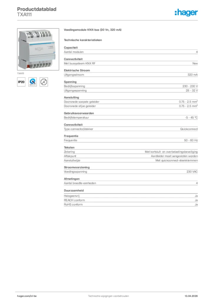 Afbeelding Hager Productdatablad TXA111 | Hager Belgium