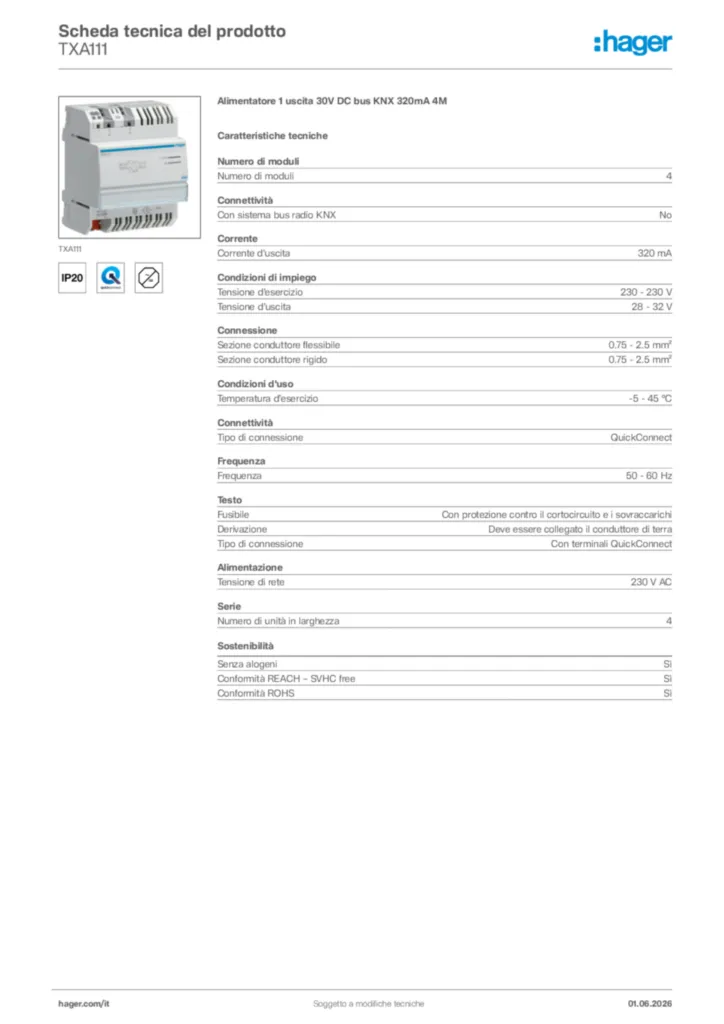 Immagine Hager Scheda tecnica del prodotto TXA111 | Hager Italia