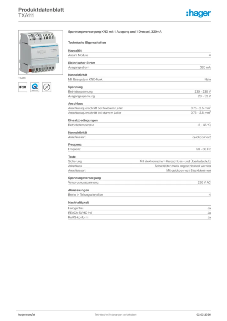 Bild Hager Produktdatenblatt TXA111 | Hager Deutschland