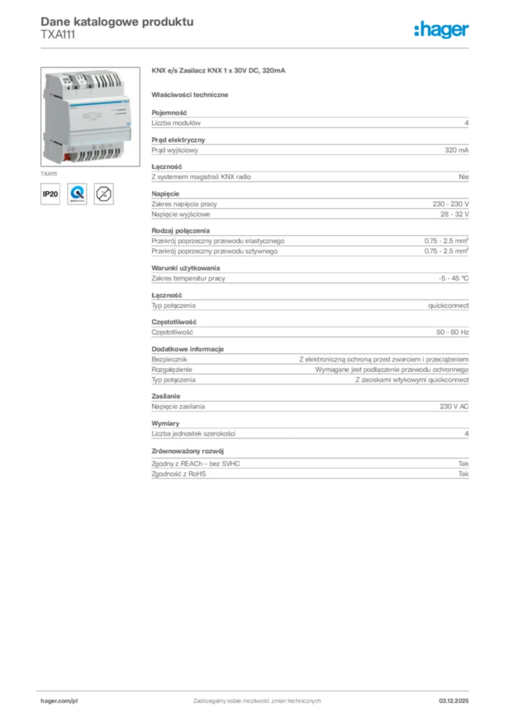 Zdjęcie Hager Karta katalogowa TXA111 | Hager Polska