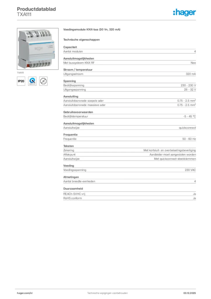 Afbeelding Hager Productdatablad TXA111 | Hager Nederland