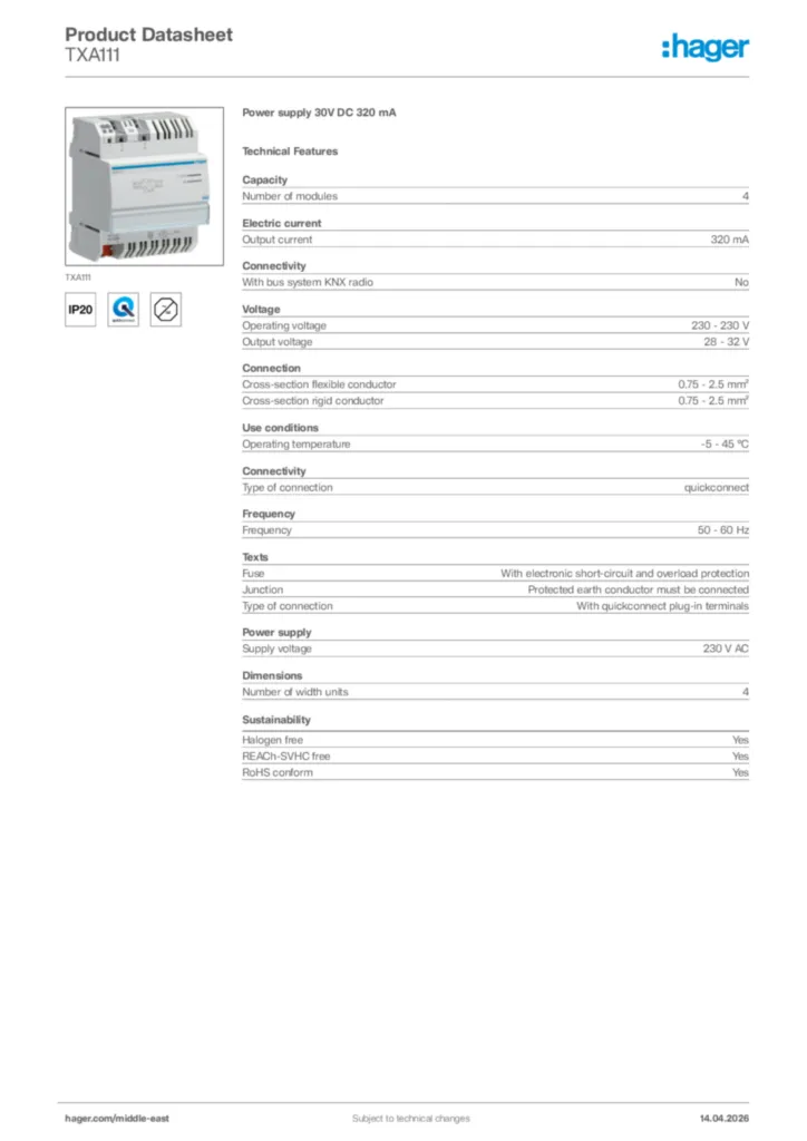 Image Hager Product data sheet TXA111  | Hager