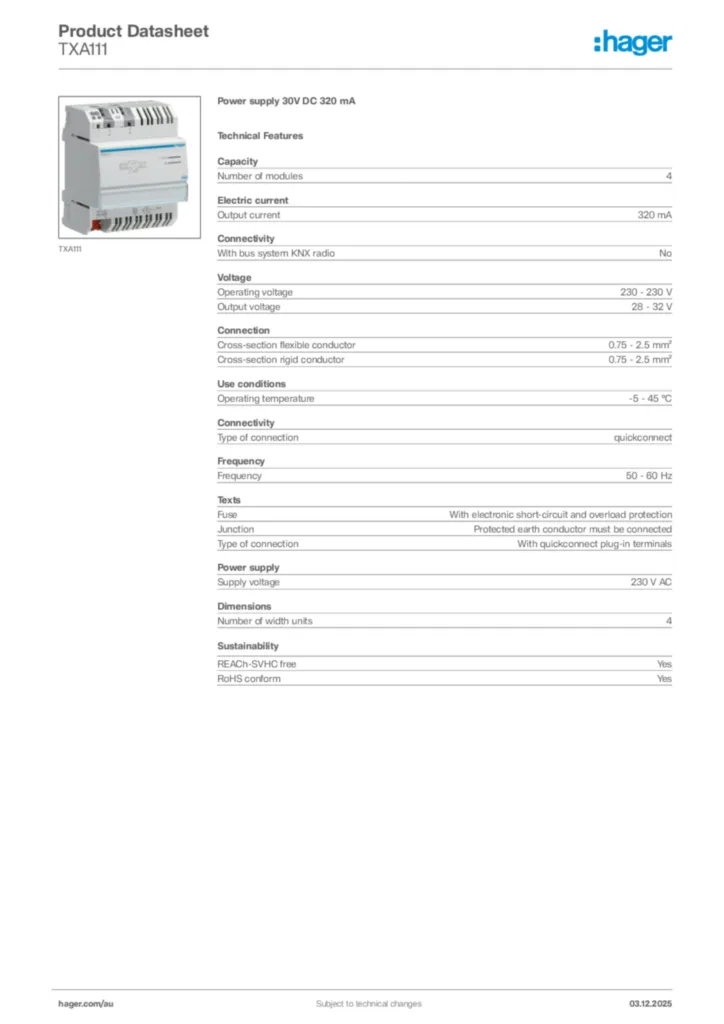 Image Hager Product data sheet TXA111  | Hager Australia