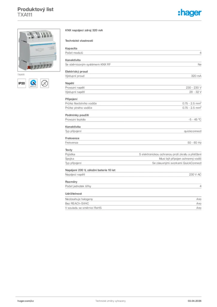Obrázek Hager Product data sheet TXA111 | Hager