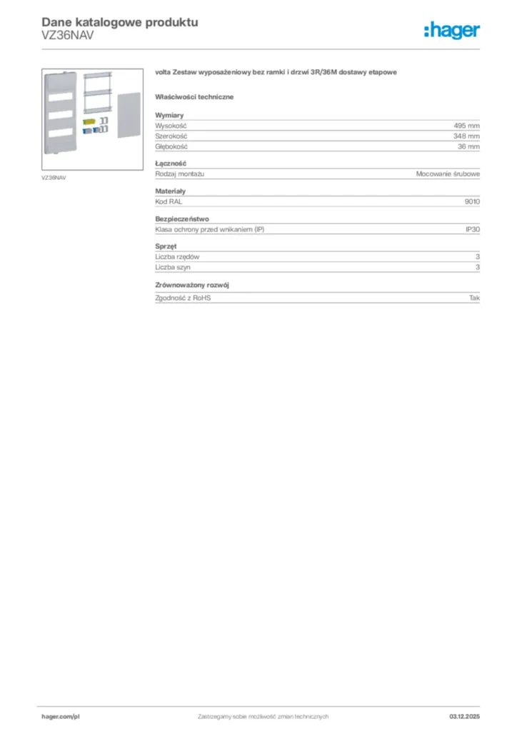 Zdjęcie Hager Karta katalogowa VZ36NAV | Hager Polska