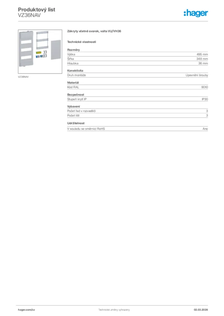 Obrázek Hager Product data sheet VZ36NAV | Hager