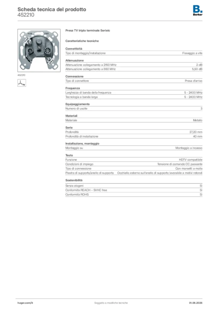 Immagine Berker Scheda tecnica del prodotto 452210 | Hager Italia