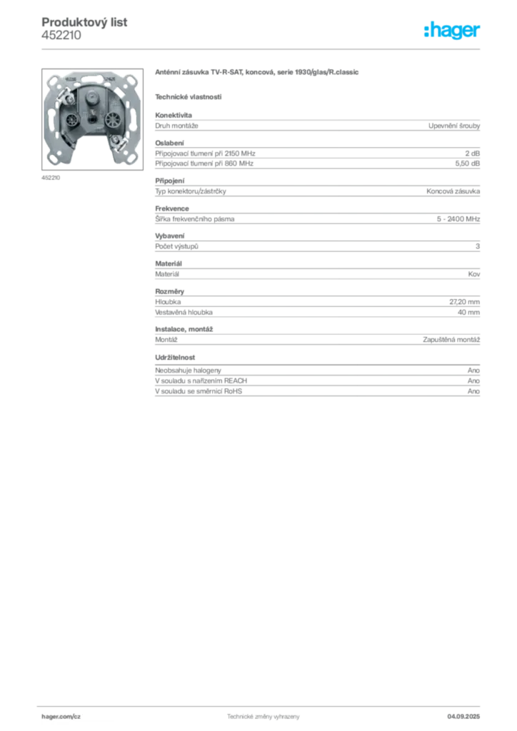 Obrázek Hager Produktový list 452210 | Hager
