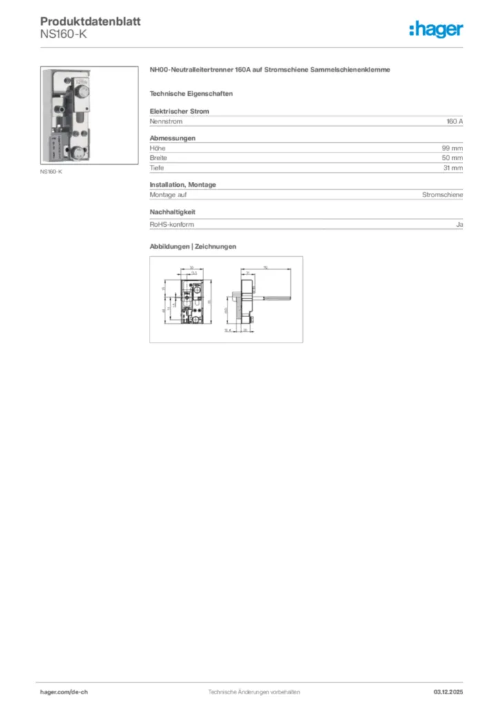 Bild Hager Produktdatenblatt NS160-K | Hager Schweiz
