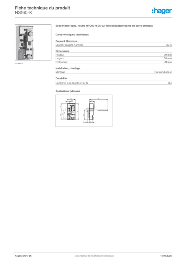 Image Hager Fiche technique du produit NS160-K | Hager Suisse