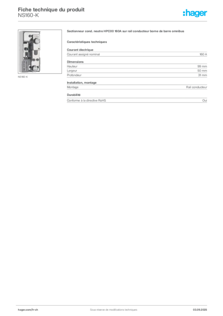 Image Hager Fiche technique du produit NS160-K | Hager Suisse