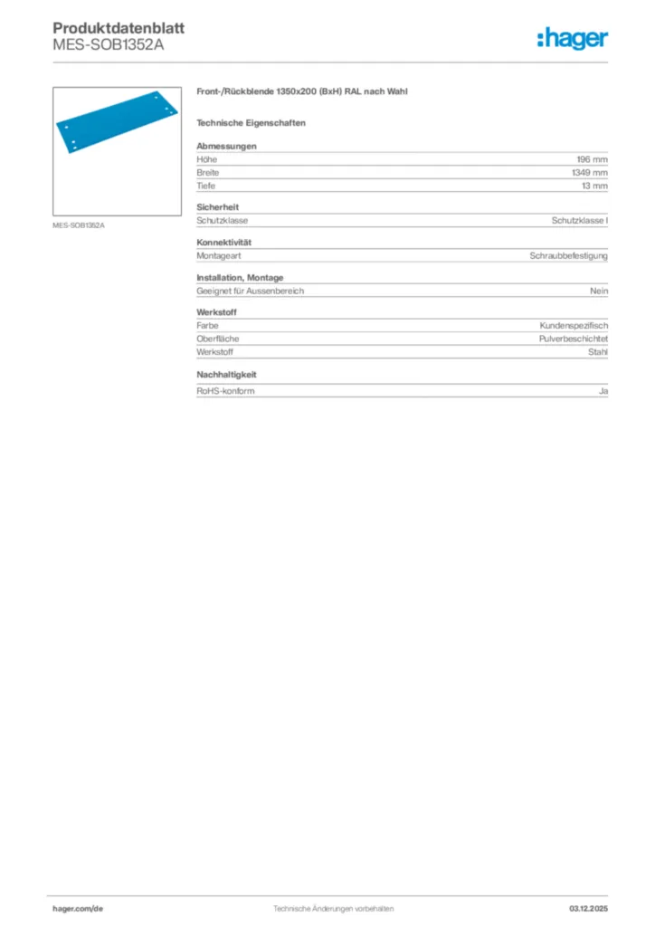 Bild Hager Produktdatenblatt MES-SOB1352A | Hager Deutschland