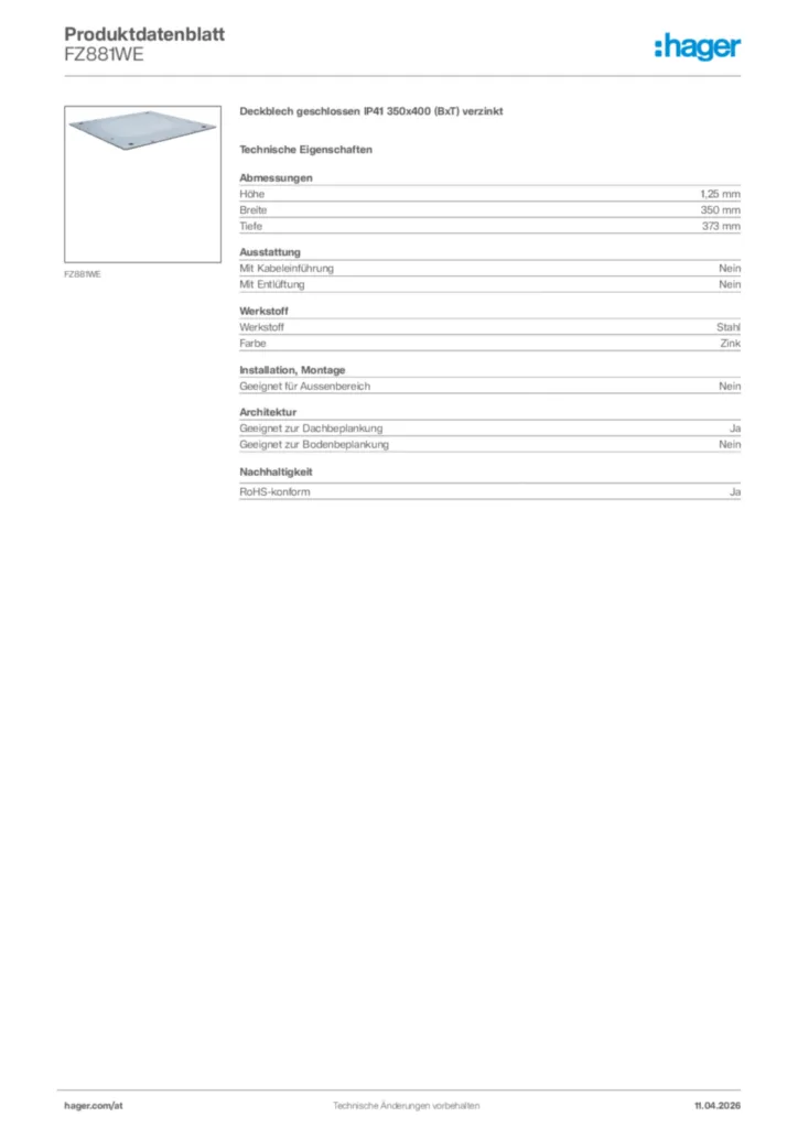 Bild Hager Produktdatenblatt FZ881WE | Hager Deutschland