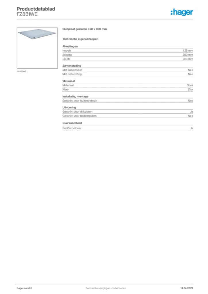 Afbeelding Hager Productdatablad FZ881WE | Hager Nederland