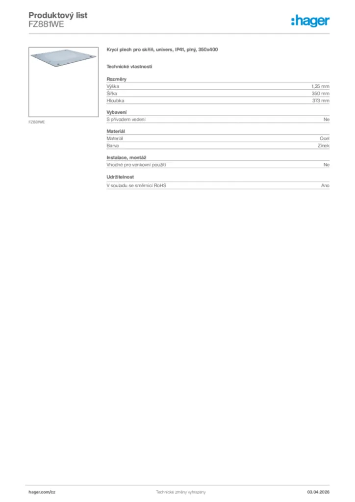 Obrázek Hager Product data sheet FZ881WE | Hager