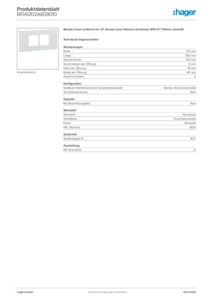 Bild Hager Produktdatenblatt BRA1202A609010 | Hager Deutschland