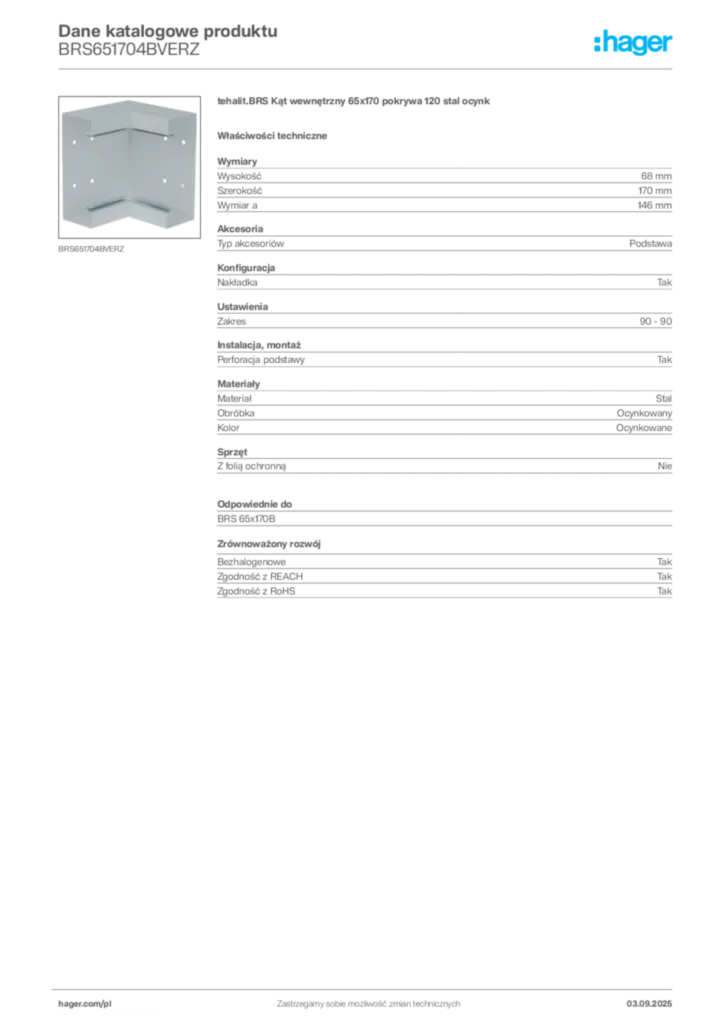 Zdjęcie Hager Dane katalogowe produktu BRS651704BVERZ | Hager Polska
