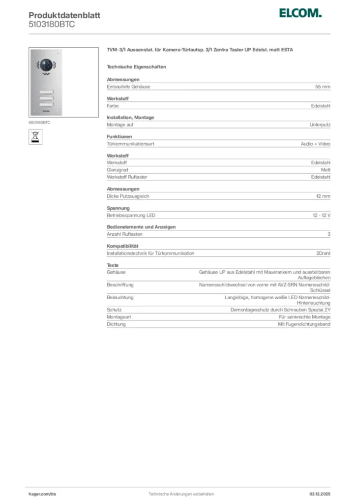 Bild Elcom Produktdatenblatt 5103180BTC | Hager Deutschland