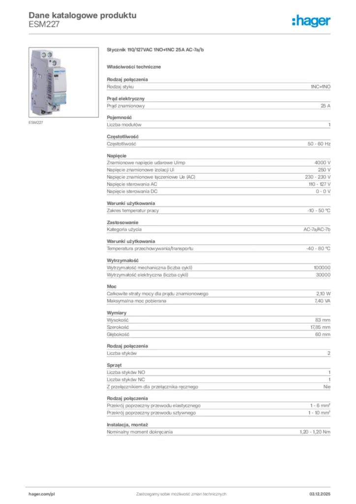 Zdjęcie Hager Karta katalogowa ESM227 | Hager Polska