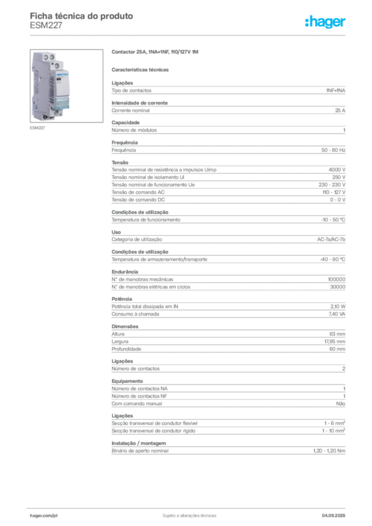 Imagem Hager Ficha técnica do produto ESM227 | Hager Portugal