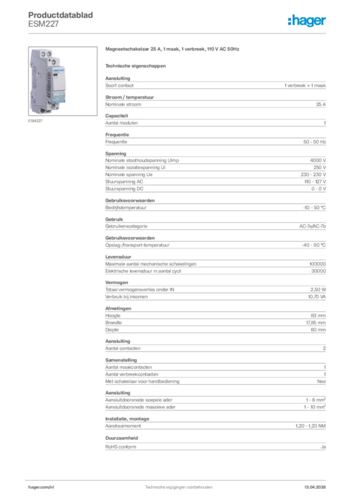 Afbeelding Hager Productdatablad ESM227 | Hager Nederland