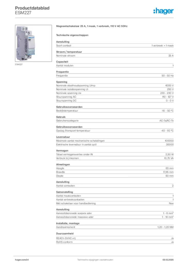 Afbeelding Hager Productdatablad ESM227 | Hager Nederland