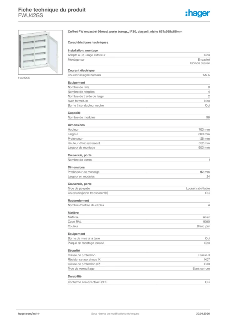 Image Hager Fiche technique du produit FWU42GS | Hager Afrique