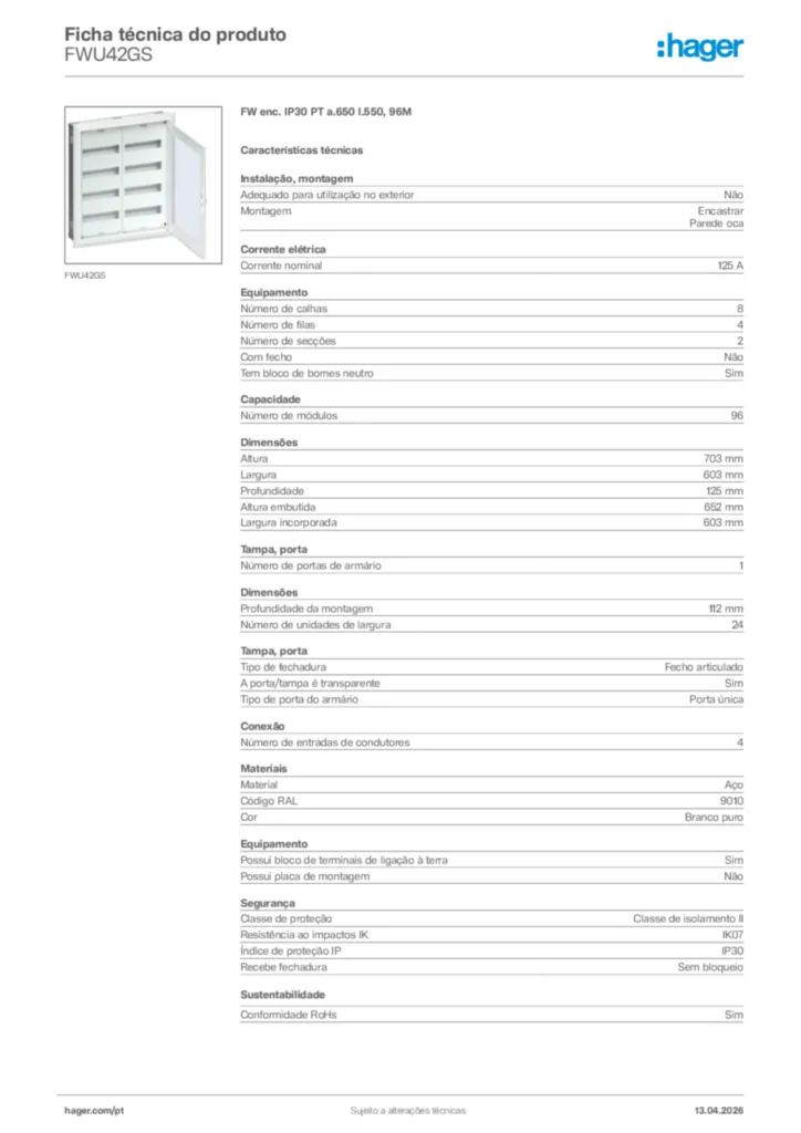 Imagem Hager Ficha técnica do produto FWU42GS | Hager Portugal