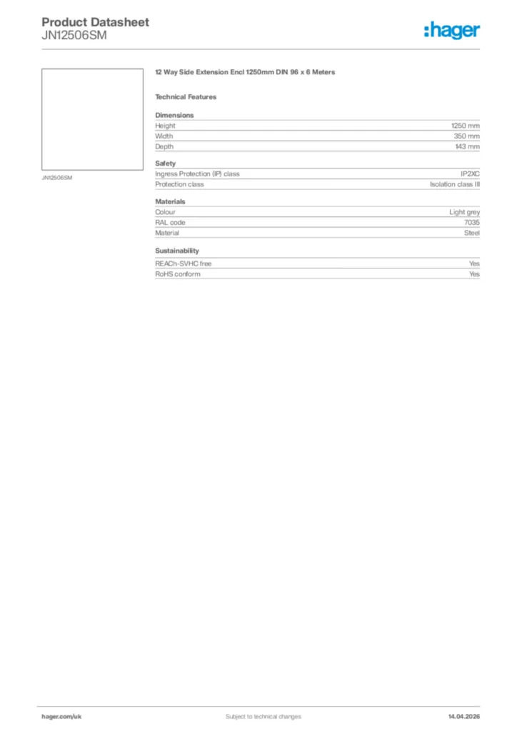 Image Hager Product data sheet JN12506SM  | Hager