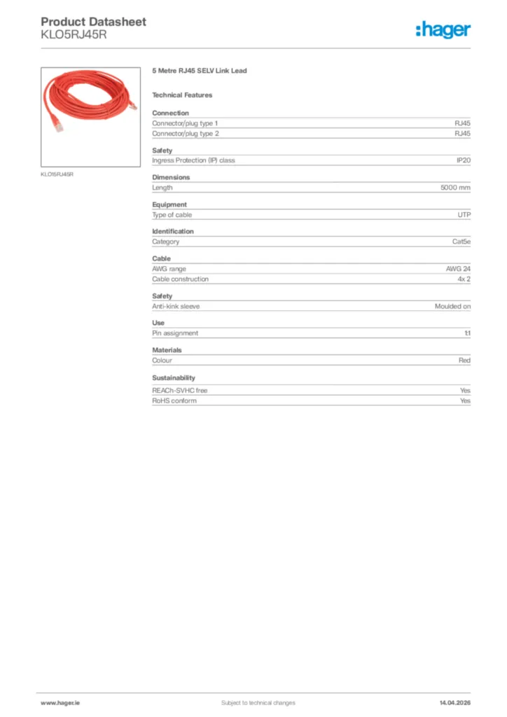 Image Hager Product data sheet KLO5RJ45R  | Hager